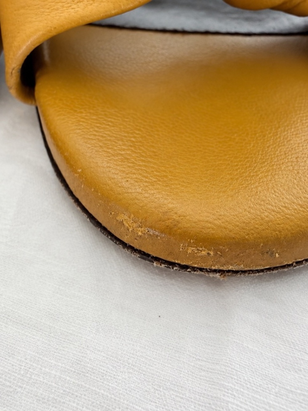 Saint Laurent YSL Mustard Leather Knot Wood Heel Mules Sandals Size 37.5 - Picture 7 of 9